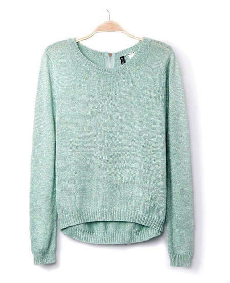 Green Shiny Silk Pullovers Back Zipper Sweater