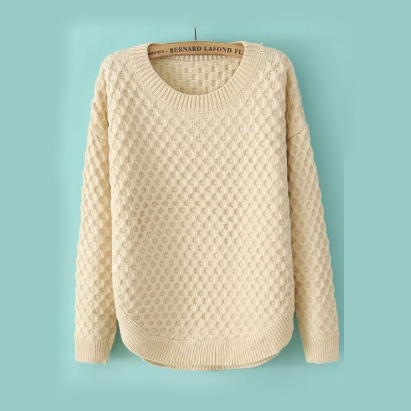 Beige Long Sleeve Diamond Patterned Sweater on Luulla